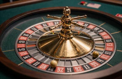 Goldenes Roulette-Rad auf dunkelgr&uuml;nem Filz im Casino-Ambiente