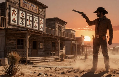Dead or Alive 2 Wild-West-Saloon in staubiger W&uuml;stenstadt bei Sonnenuntergang