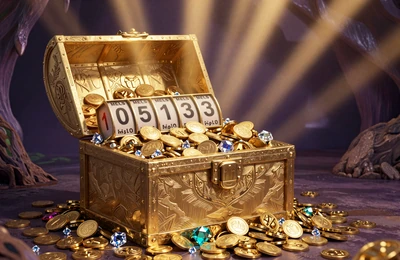 Goldene Jackpot-Schatztruhe mit Millionen-Gewinnen und leuchtenden Edelsteinen