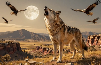 Wolf Gold majest&auml;tischer Wolf heulend bei Vollmond in amerikanischer Pr&auml;rie