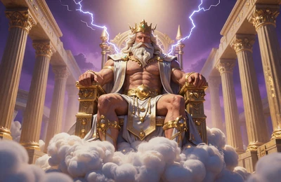 Gates of Olympus mit Zeus auf Wolkenthron und Blitzen im griechischen Tempel