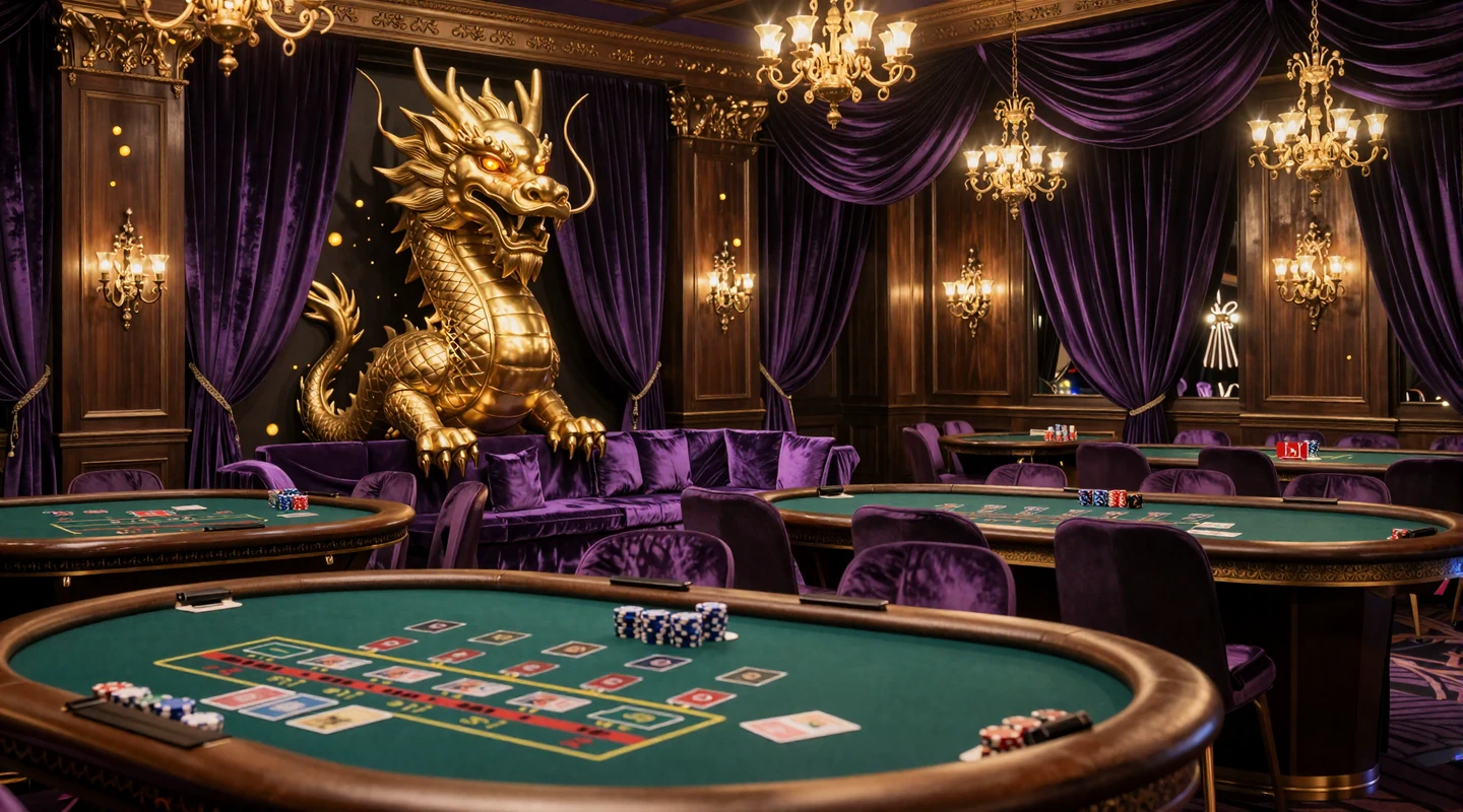 Dragonia Casino Live Casino VIP-Lounge mit goldenem Drachen-Maskottchen an luxuri&ouml;sem Dealer-Tisch