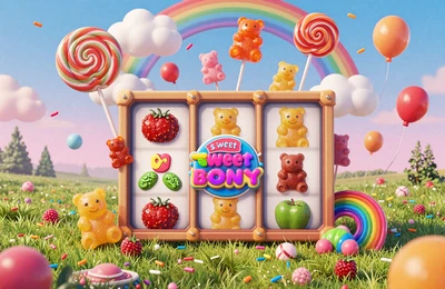 Sweet Bonanza Candy-Land mit bunten S&uuml;&szlig;igkeiten und Zuckerwatte-Wolken