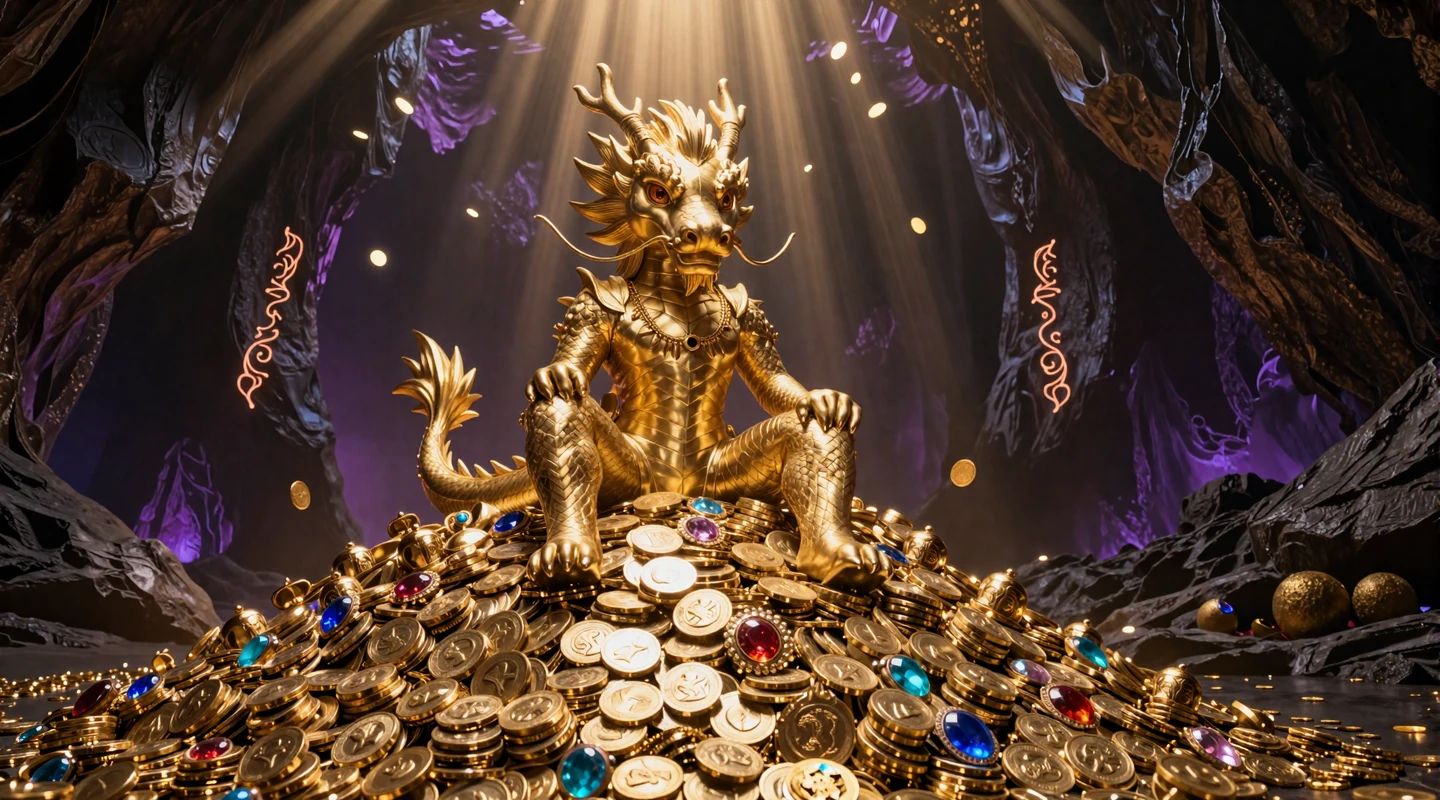 Goldener Drachen-Maskottchen von Dragonia Casino auf einem Schatzhort aus Goldm&uuml;nzen und Edelsteinen
