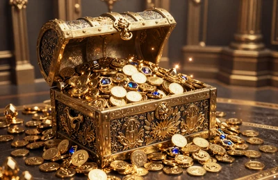 Goldene Jackpot-Schatztruhe voller M&uuml;nzen und Edelsteine