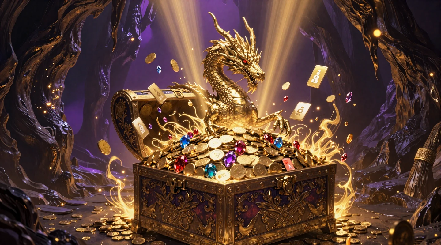 Dragonia Casino Drache bewacht Schatztruhe mit Zahlungsmethoden-Symbolen in goldener H&ouml;hle