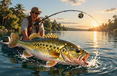 Big Bass Bonanza Angelabenteuer mit goldenem Riesenfisch bei Sonnenuntergang