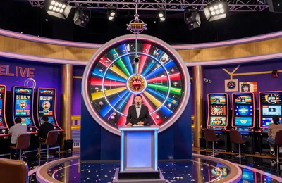 Bunte Live Game Show Kulisse mit gro&szlig;em Gl&uuml;cksrad bei Dragonia Casino