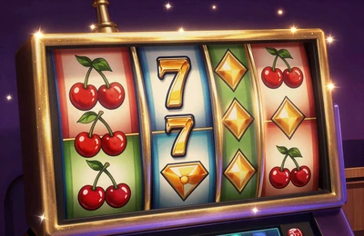 Bunte Spielautomaten-Walzen mit goldenen Symbolen und Glitzereffekten