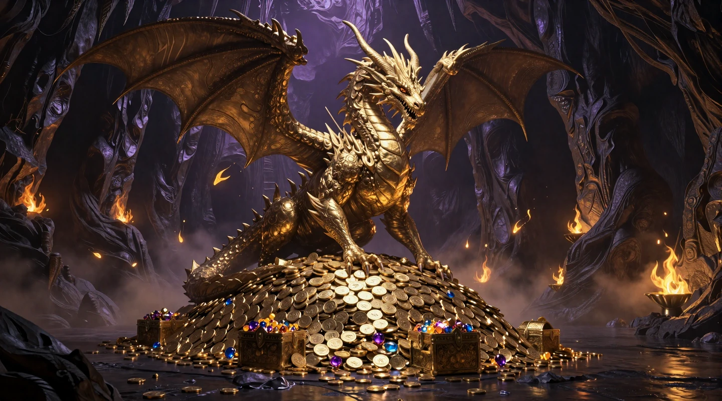 Dragonia Casino Drachenh&ouml;hle mit goldenem Drachen-Maskottchen auf Schatzhort