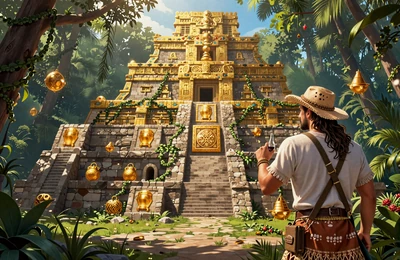 Gonzo's Quest Megaways Entdecker vor goldenem Azteken-Tempel im Dschungel
