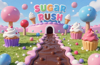 Sugar Rush S&uuml;&szlig;igkeiten-K&ouml;nigreich mit Cupcakes und Schokoladenfl&uuml;ssen