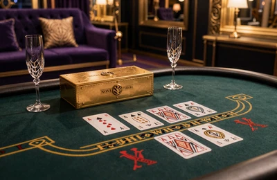 Live Baccarat Tisch mit Karten und goldenem Kartenschuh bei Dragonia