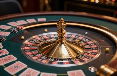 Goldenes Roulette-Rad und Blackjack-Karten auf gr&uuml;nem Casino-Tisch