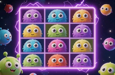 Reactoonz bunte Alien-Kreaturen im kosmischen Gitter mit Neon-Blitzen