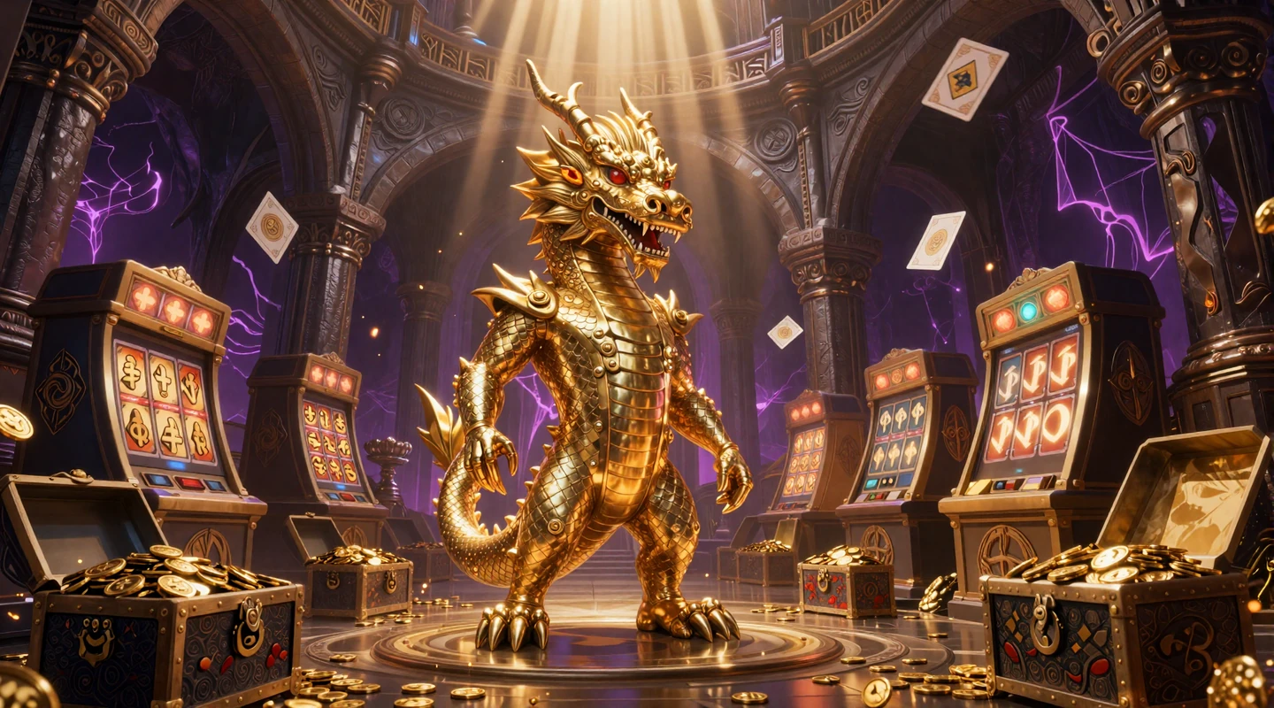 Dragonia Casino Drachenmaskottchen in mystischer Schatzkammer mit leuchtenden Spielautomaten-Symbolen